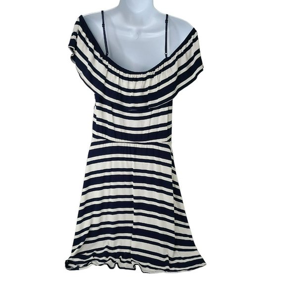 EUC Emerald Sundae Cold/Off Shoulder Womens Sz XL Navy Blue White Striped Dress - Picture 3 of 8